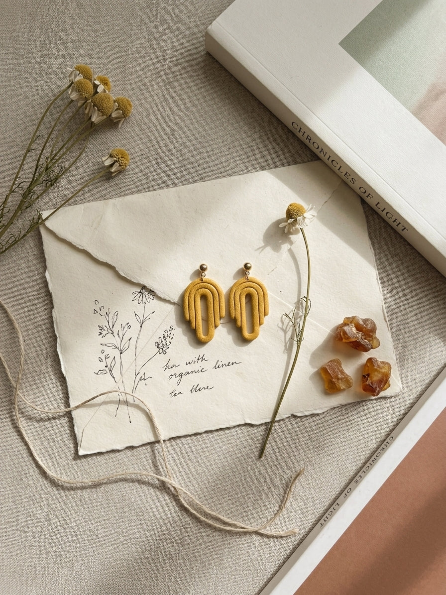 Honey Hour mustard polymer clay arch earrings with stainless steel stud posts — Mariamné