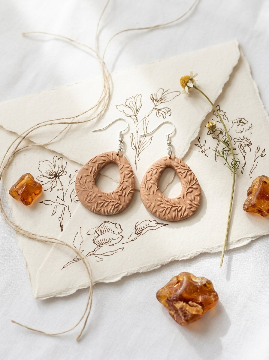 Handmade polymer clay hoop earrings in warm sand beige with carved leaf detail — Mariamné