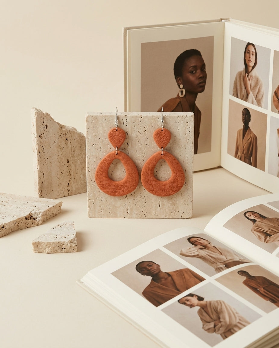 Warm clay and coral teardrop drop earring, handmade polymer clay, worn on ear